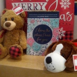 A Adult coloring book. Two stuffed animals dogs.